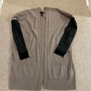 Women's Aqua Brown Cashmere Cardigan with Faux Leather Sleeves